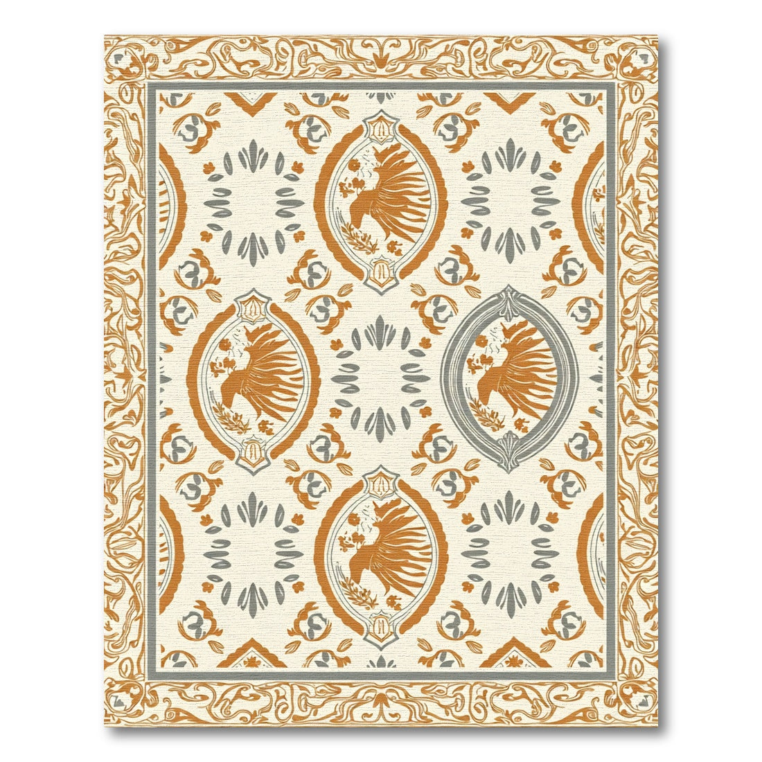 Orange Phoenix Oval Frame Cream Rug