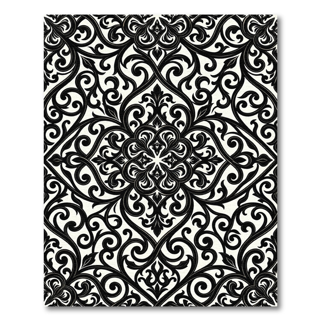 Elegant Black and White Damask Scroll Rug