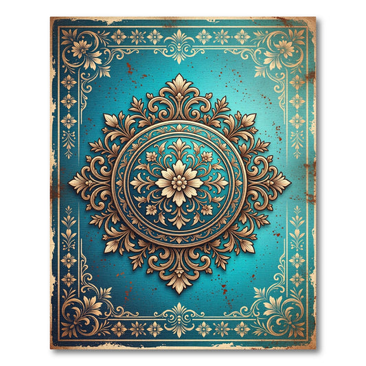 Elaborate Teal Golden Scrollwork Bloom Rug