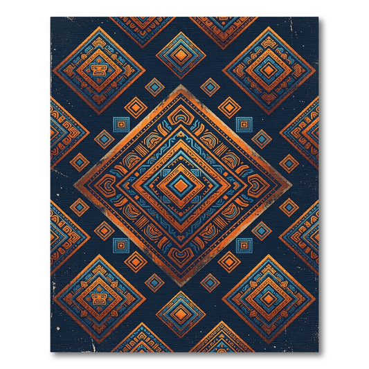 Aztec Blue Orange Geometric Diamond Rug