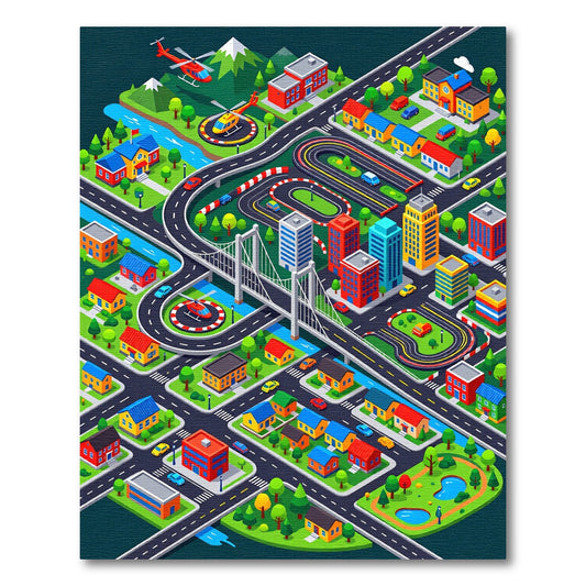 Vibrant Isometric City Race Track Rug 2