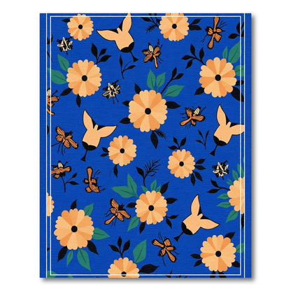 Orange Flower Butterfly Blue Field Rug