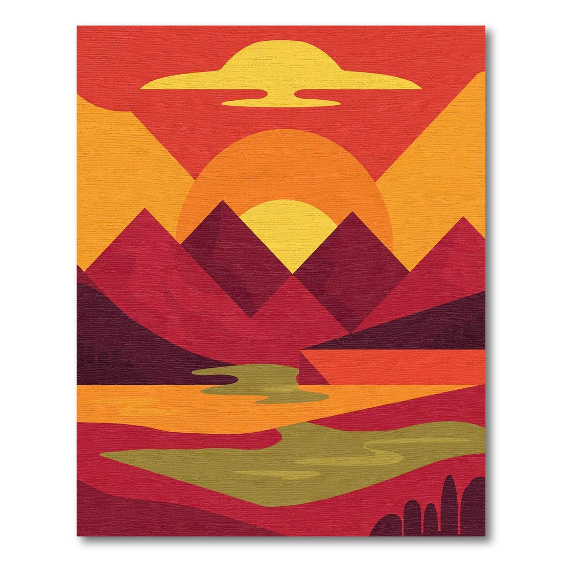 Crimson Sunset Abstract Mountain Landscape Rug
