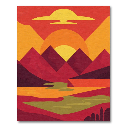 Crimson Sunset Abstract Mountain Landscape Rug