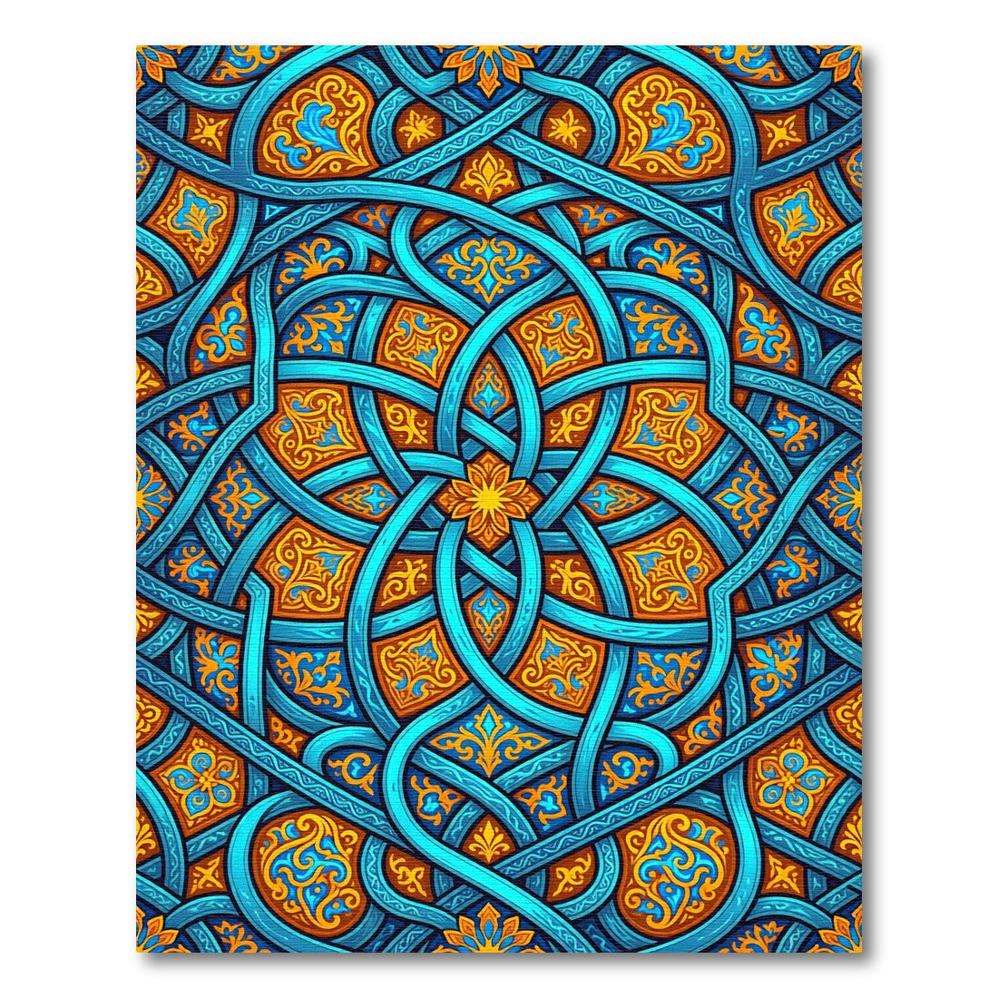 Intricate Azure Blue Intertwining Gold Filigree Rug
