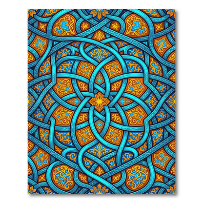 Intricate Azure Blue Intertwining Gold Filigree Rug