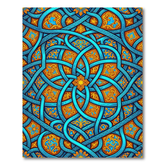 Intricate Azure Blue Intertwining Gold Filigree Rug