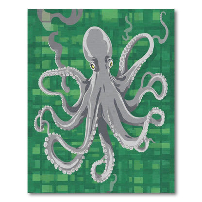 Gray Octopus on Pixelated Green Background Rug