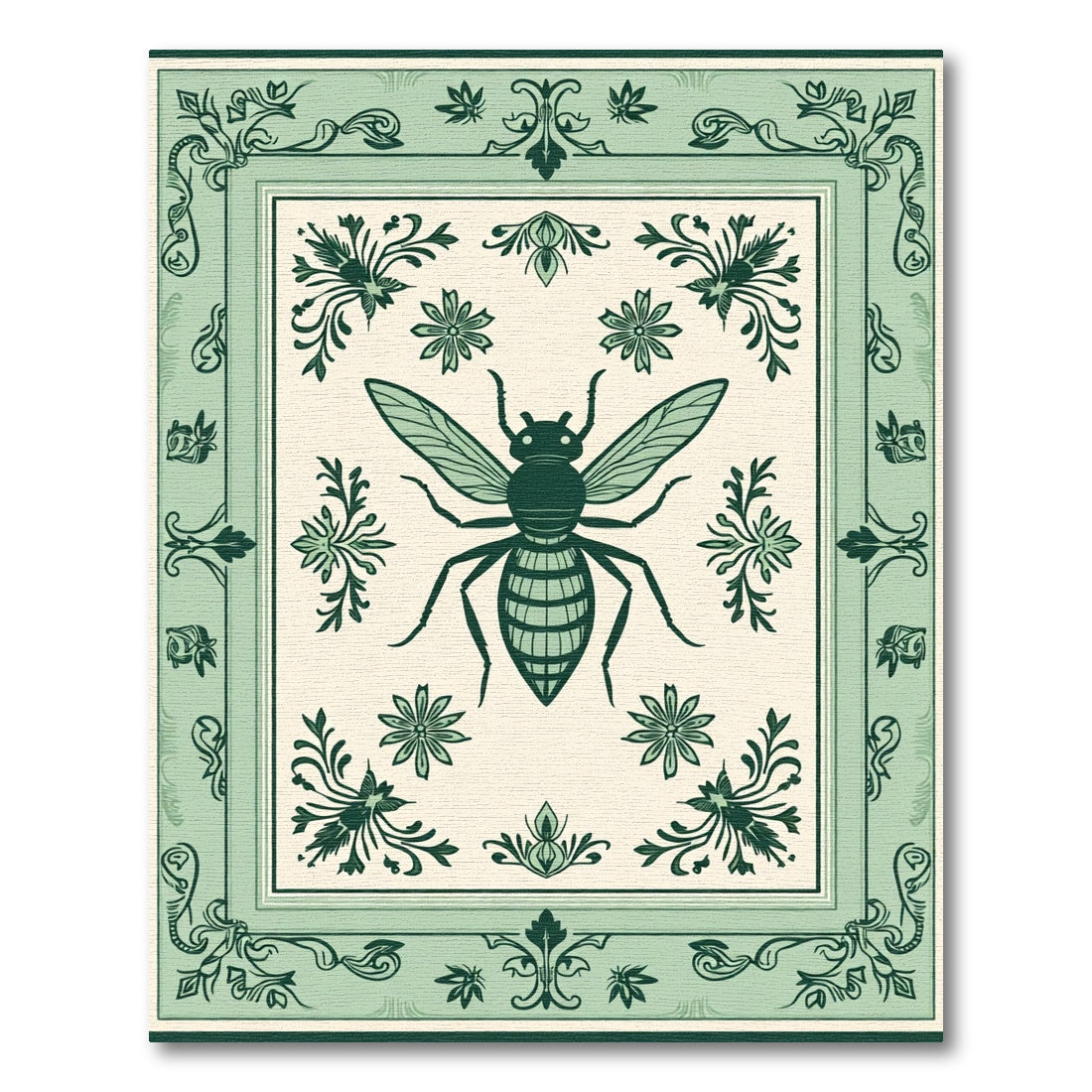 Serene Green Bee Floral Border Rug