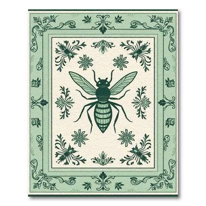 Serene Green Bee Floral Border Rug