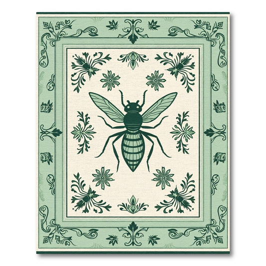 Serene Green Bee Floral Border Rug