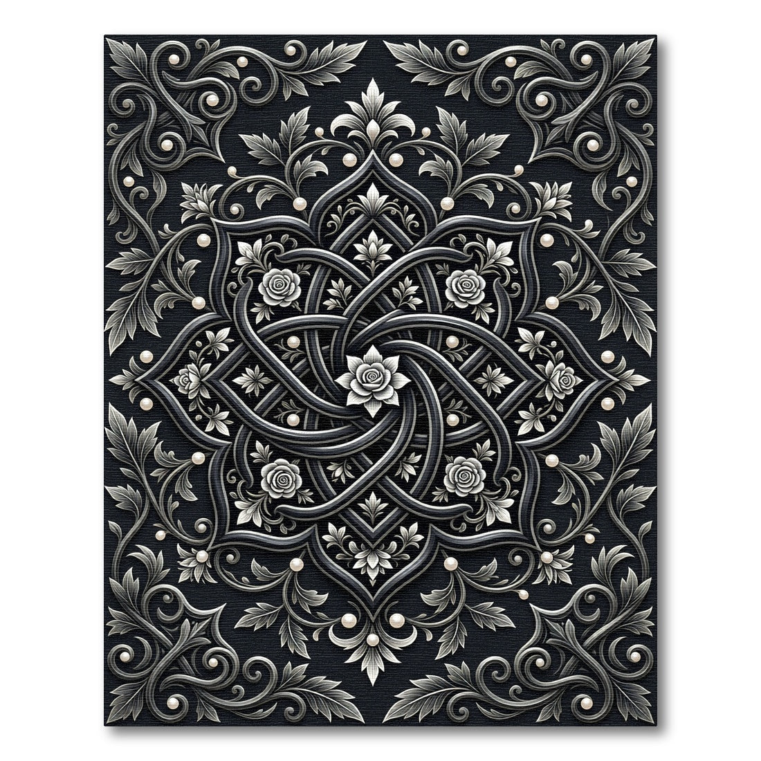 Monochromatic Floral Scroll Mandala Rug