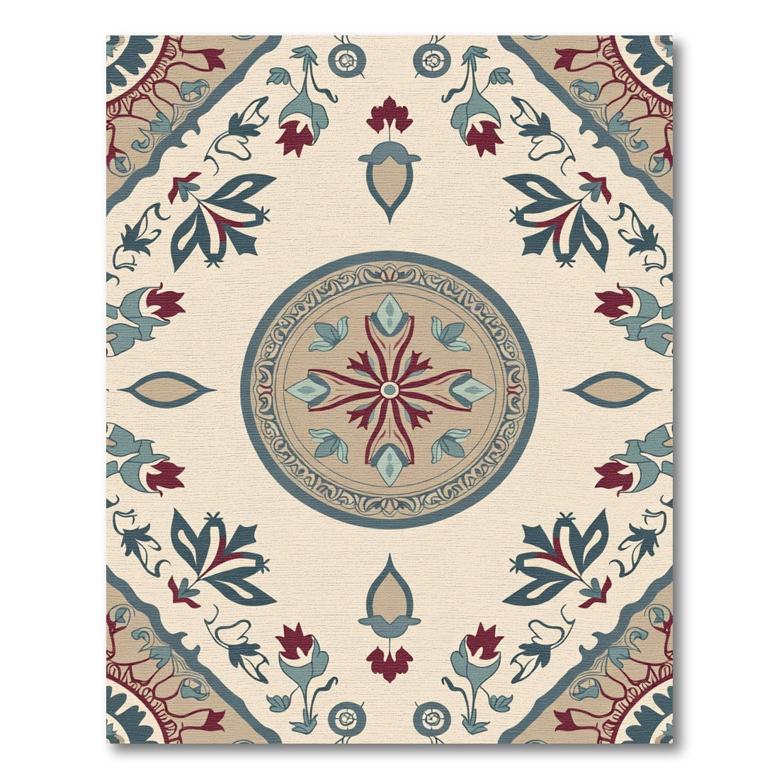 Crimson Teal Floral Medallion Arrangement Rug
