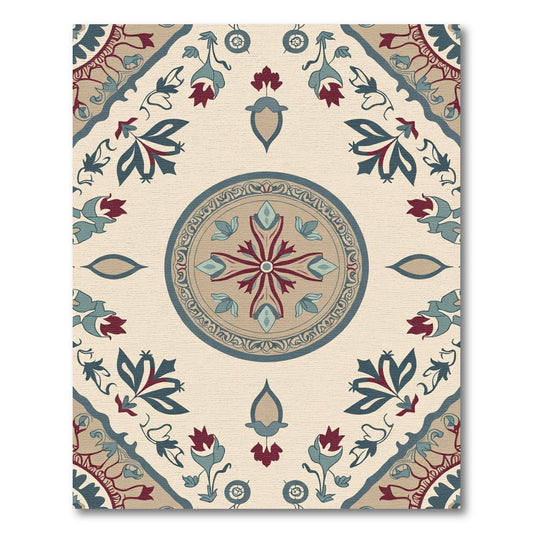 Crimson Teal Floral Medallion Arrangement Rug