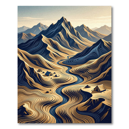 Abstract Blue and Gold Mountain Landscape Rug