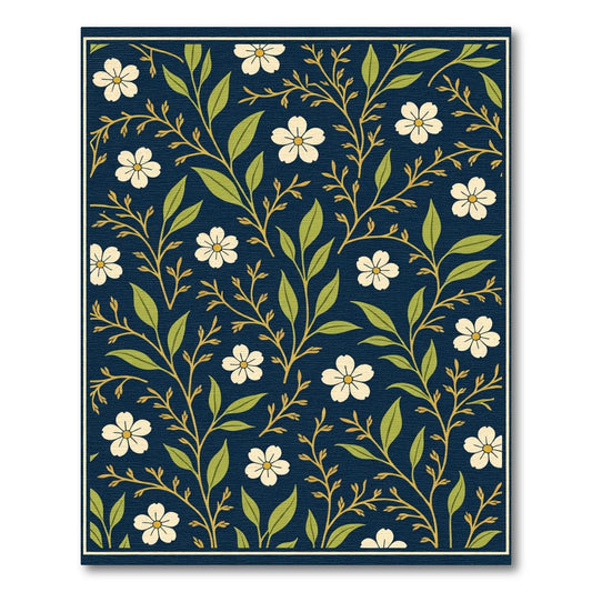 Dark Blue Vintage Floral Branch Rug