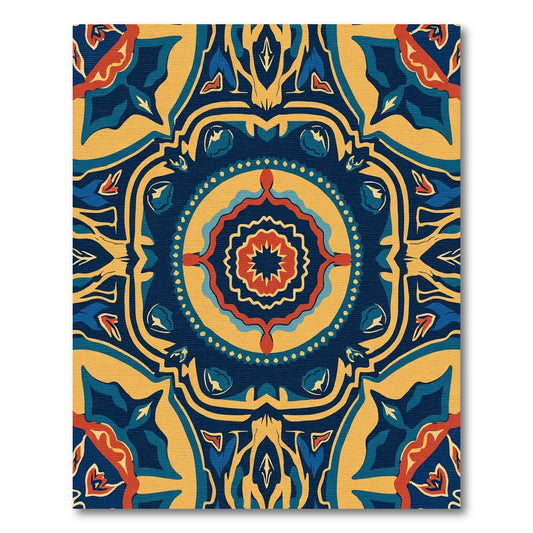 Navajo Inspired Blue Gold Floral Medallion Rug