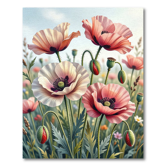 Soft Pastel Poppy Meadow Illustration Rug