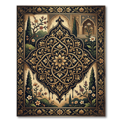 Ornate Black Gold Floral Damask Medallion Rug