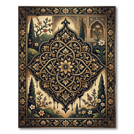 Ornate Black Gold Floral Damask Medallion Rug