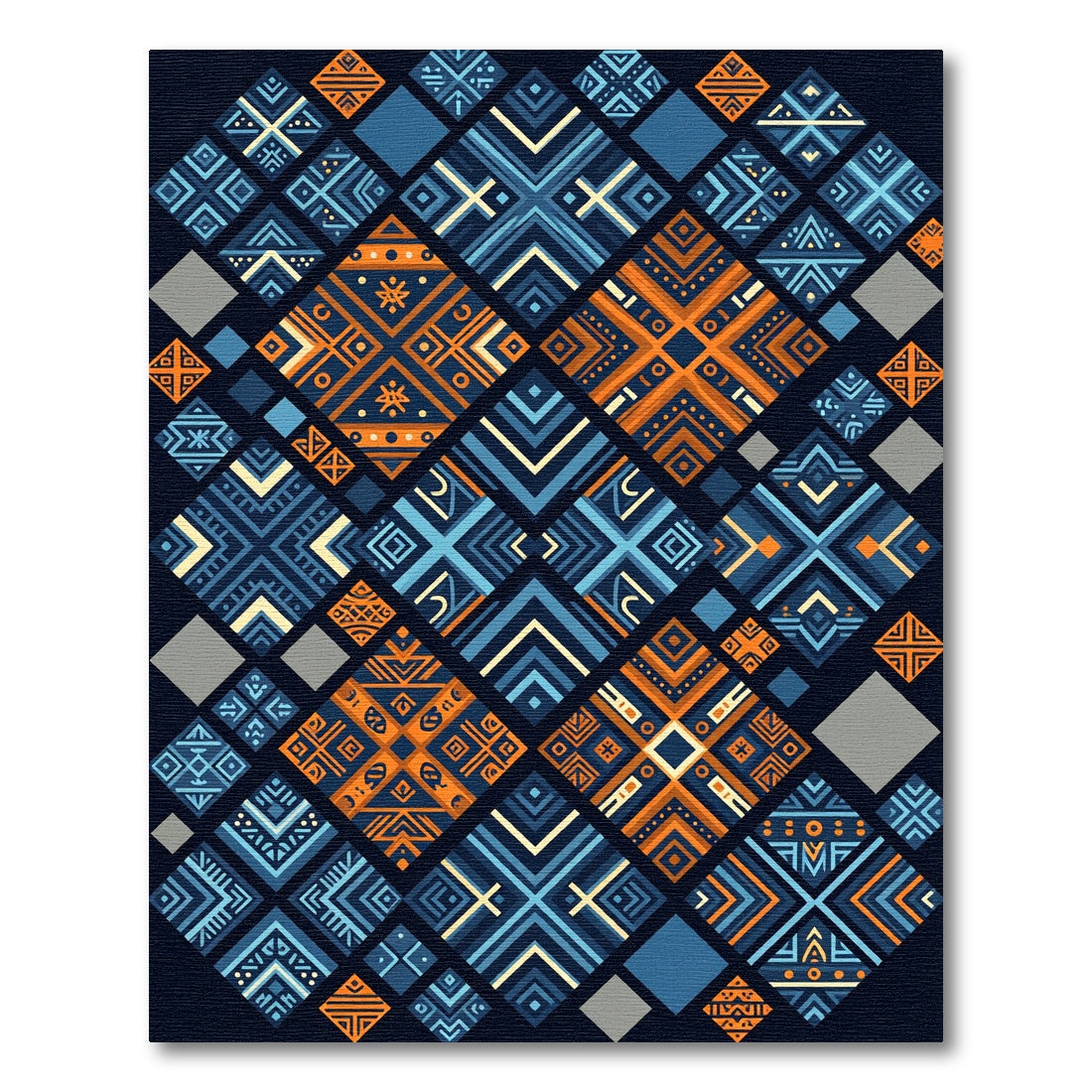 Geometric Navy and Amber Mosaic Tile Rug