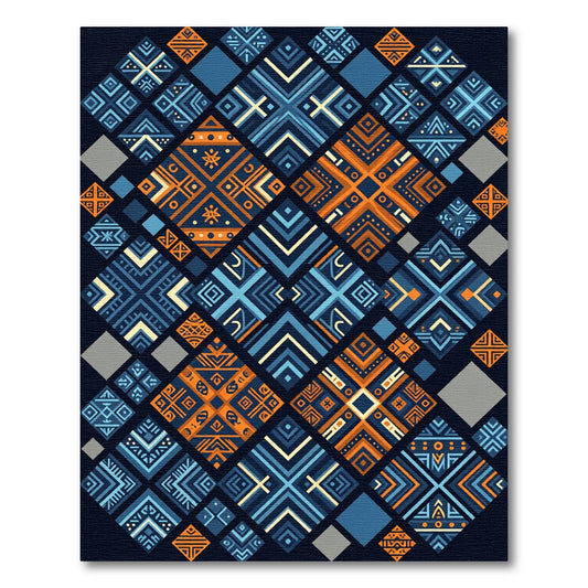 Geometric Navy and Amber Mosaic Tile Rug