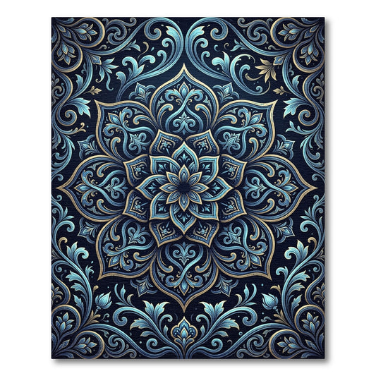 Ornate Navy and Sky Blue Medallion Rug