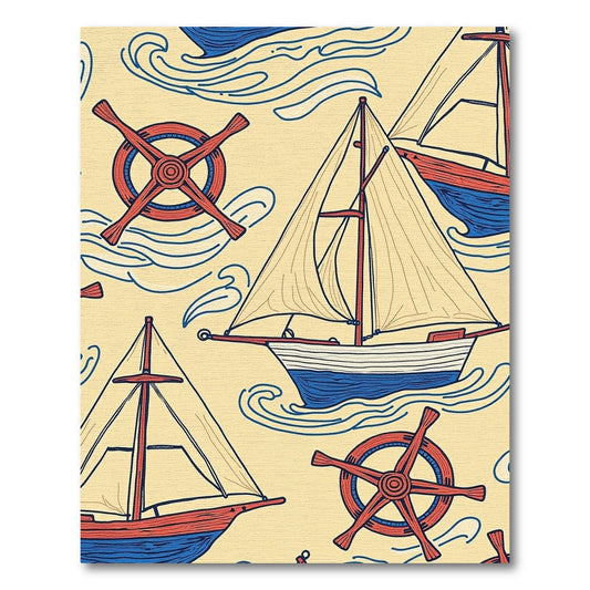 Nautical Sailboats Red Wheel Ocean Swirls Rug