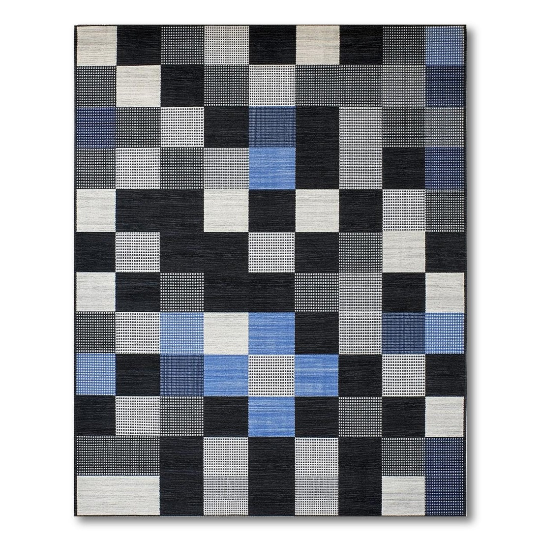Modern Black White Blue Checkered Patchwork Rug