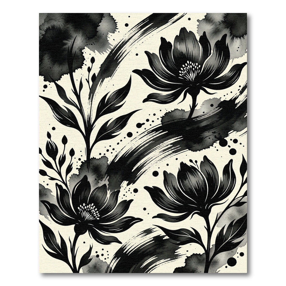 Elegant Black Blossom Ink Splatter Rug