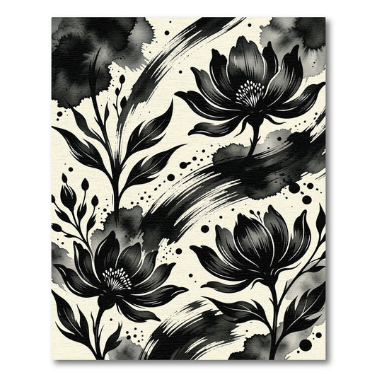 Elegant Black Blossom Ink Splatter Rug