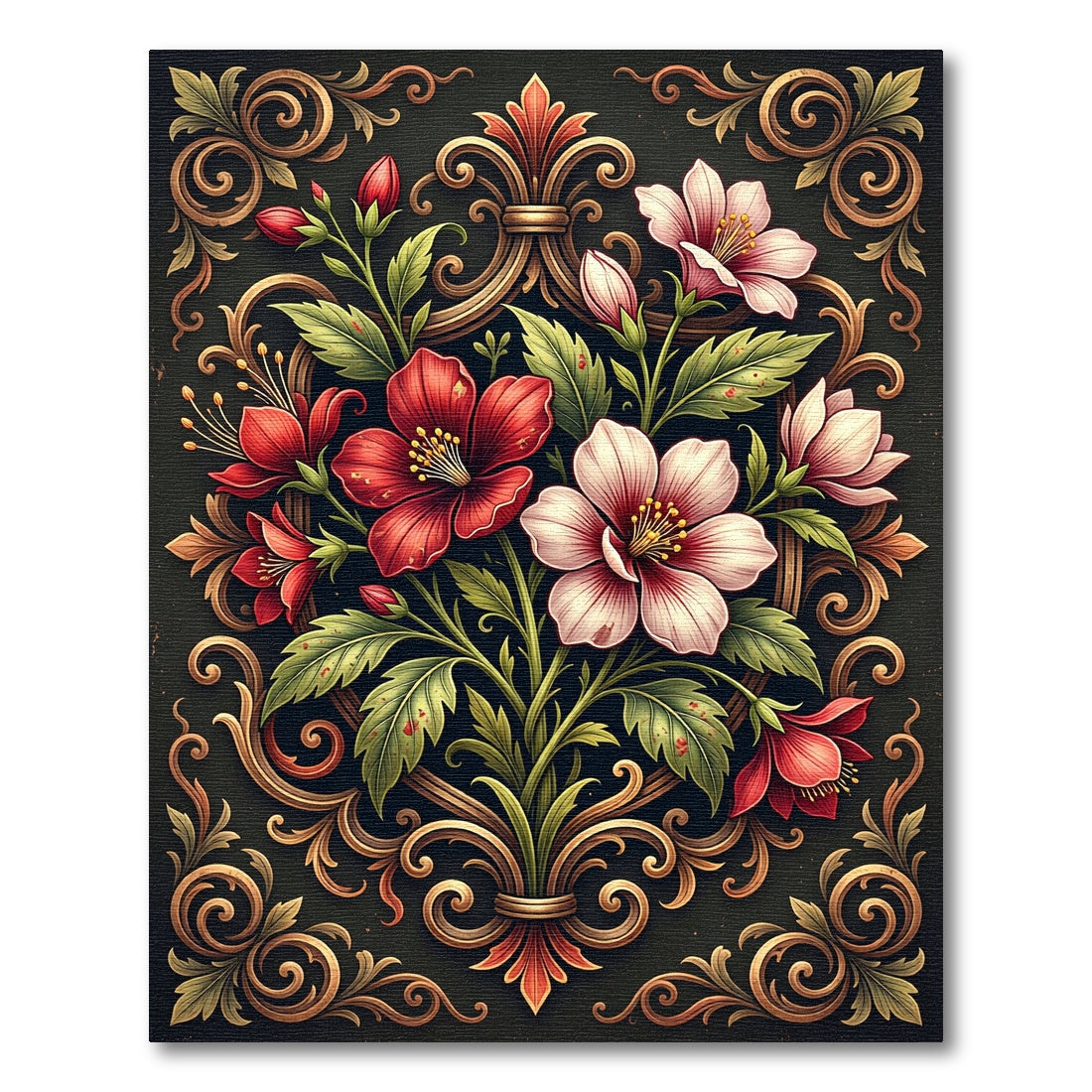 Crimson Ivory Floral Scrollwork Rug