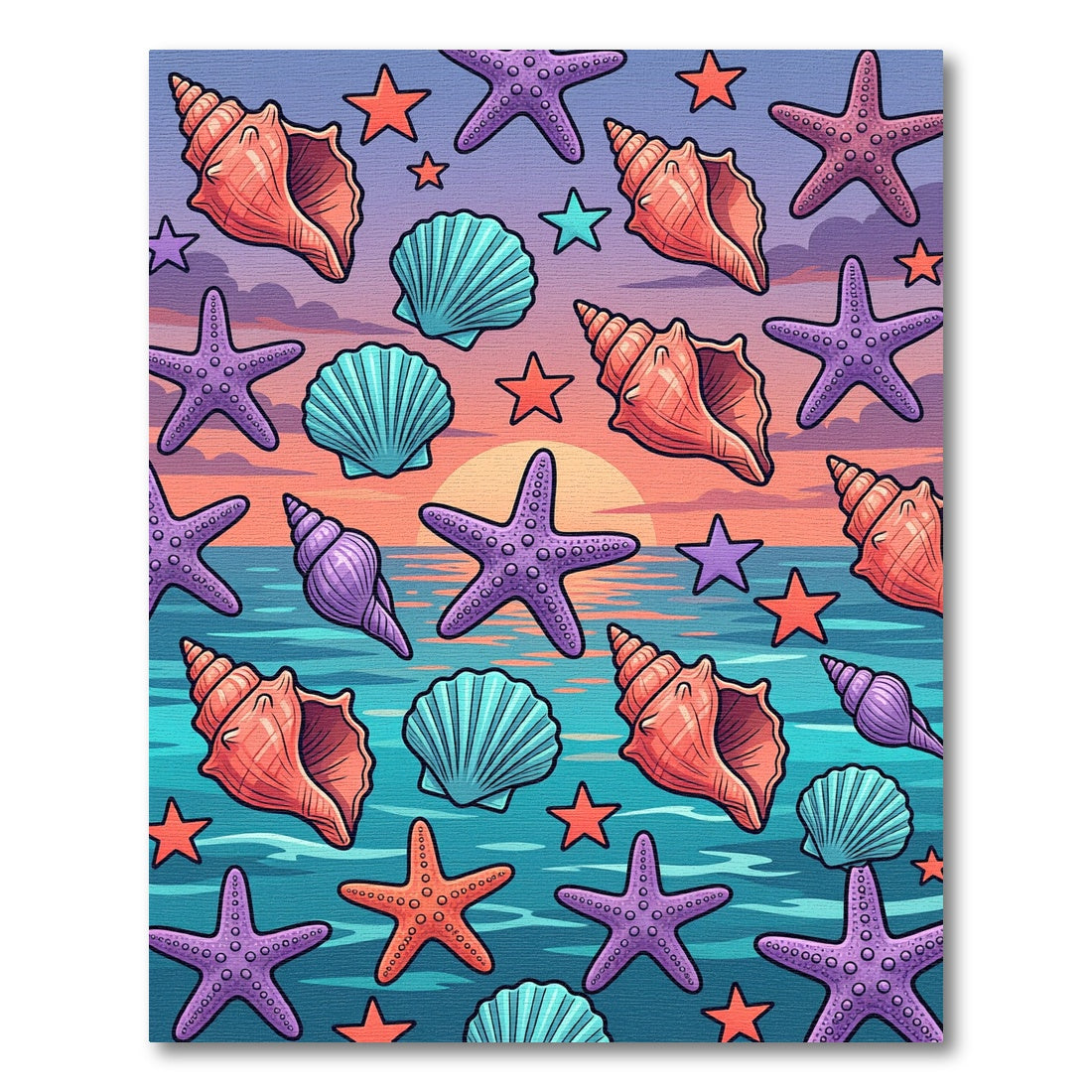 Vibrant Coastal Seashell Starfish Sunset Art Rug