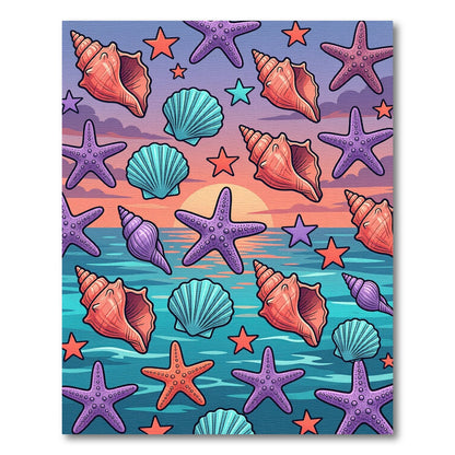 Vibrant Coastal Seashell Starfish Sunset Art Rug