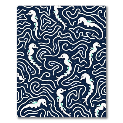 Navy White Seahorse Swirl Abstract Rug