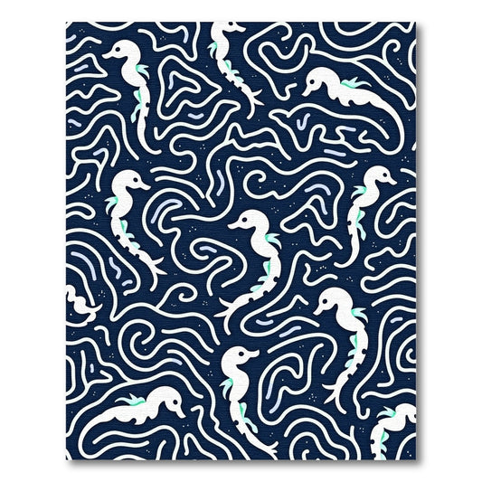 Navy White Seahorse Swirl Abstract Rug