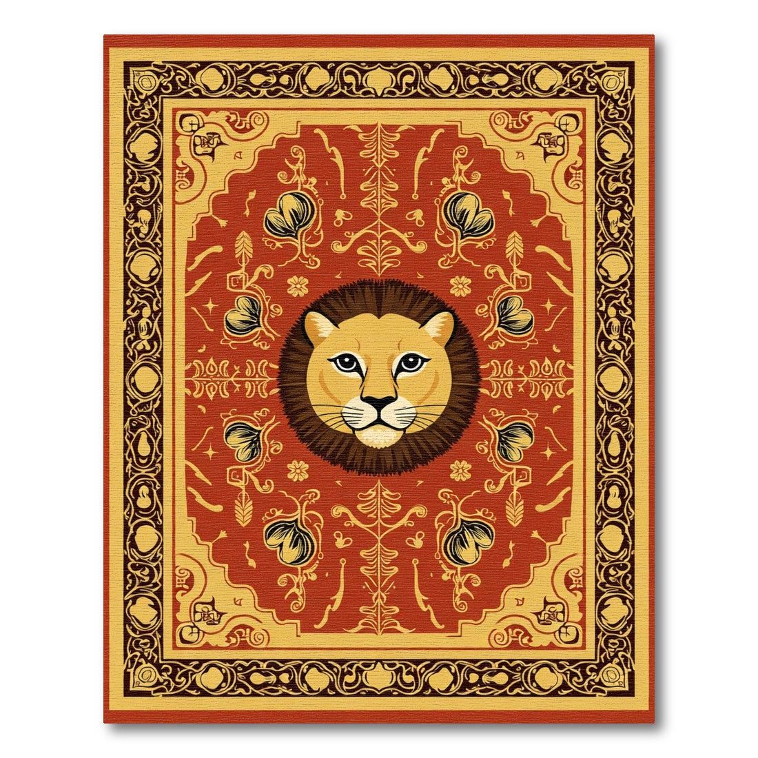 Majestic Lion Head Red Gold Medallion Rug