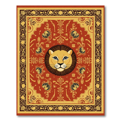 Majestic Lion Head Red Gold Medallion Rug