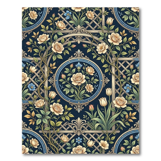 Elegant Navy Cream Floral Trellis Rug