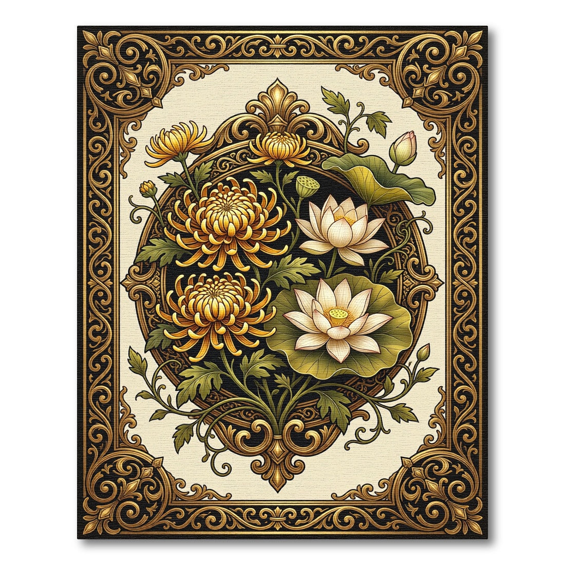 Gilded Botanical Gold Lotus Chrysanthemum Artwork Rug