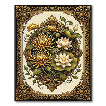Gilded Botanical Gold Lotus Chrysanthemum Artwork Rug
