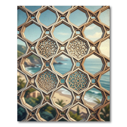 Geometric Beige Lattice Hexagon Tile Rug