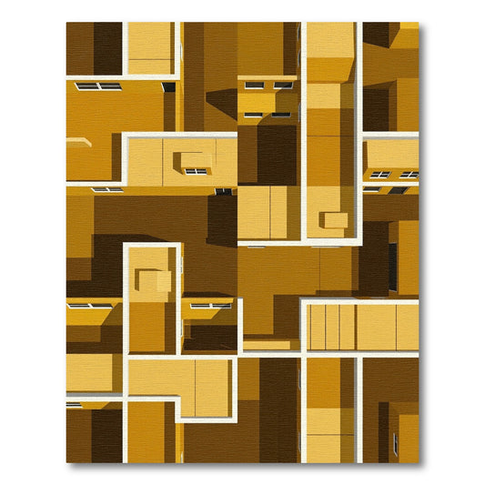 Modern Gold Geometric Architectural Grid Rug