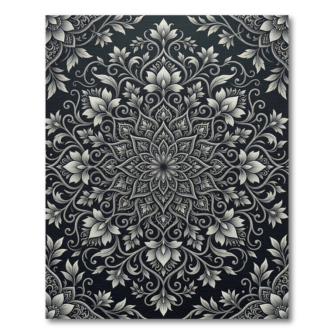 Monochromatic Floral Mandala Intricate Art Rug