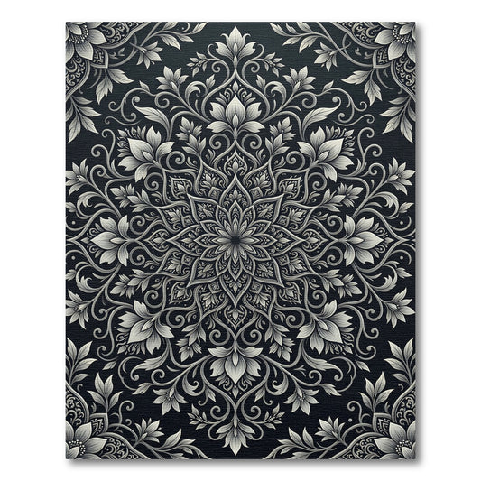 Monochromatic Floral Mandala Intricate Art Rug