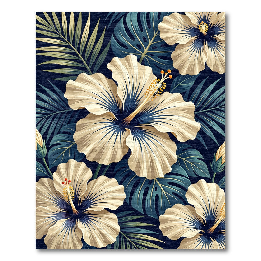 Cream Hibiscus and Navy Palm Leaf Rug