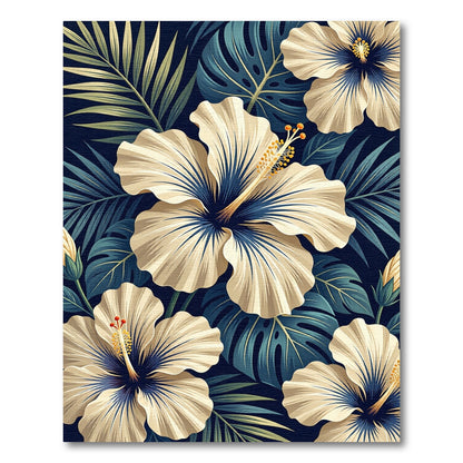 Cream Hibiscus and Navy Palm Leaf Rug