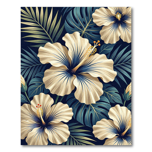Cream Hibiscus and Navy Palm Leaf Rug