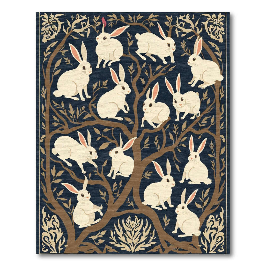Cream Rabbits Dark Botanical Branches Rug