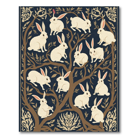 Cream Rabbits Dark Botanical Branches Rug